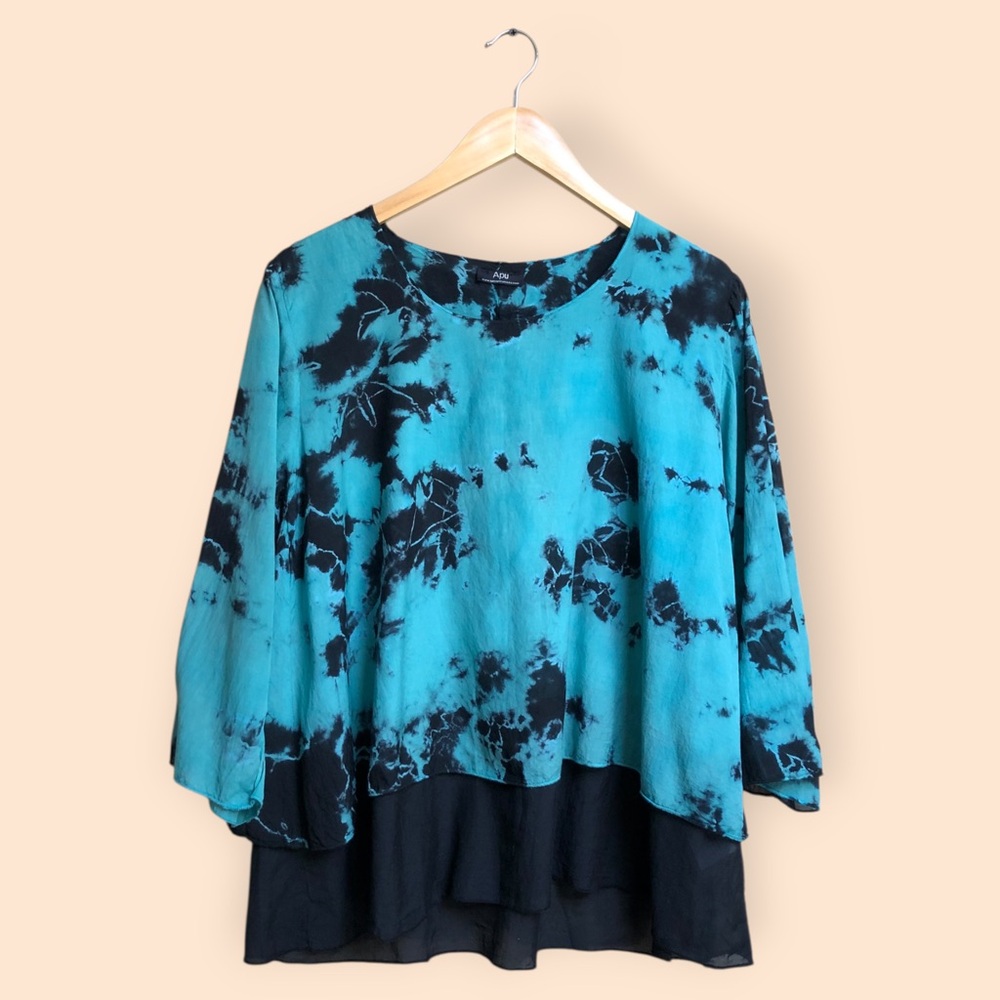 APU A People United Blue & Black Tie Dye Lightweight Layered Blouse Tunic Top M